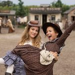 Little House on the Prairie. (L to R) Skywalker Hughes as Mary Ingalls, Alice Halsey as Laura Ingalls behind the scenes of episode 207 of Little House on the Prairie. Cr. Eric Zachanowich/Netflix © 2026